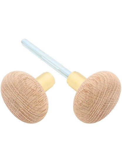 Pair of Round Unfinished-Wood Doorknobs with Solid Brass Base in Polished Brass.